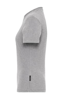 A grey short-sleeve women's t-shirt with a fitted style and a logo at the hem.