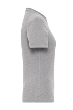 A grey ladies' t-shirt with short sleeves and a fitted style, featuring a logo on the design.