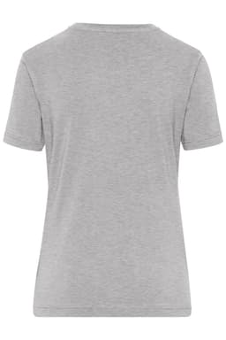 A grey women's T-shirt with short sleeves and a subtle texture, featuring a logo on the back.