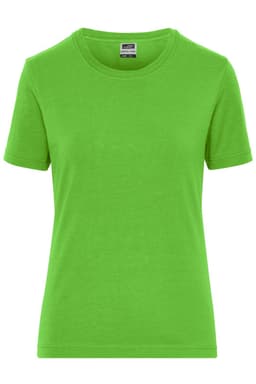 A bright green women's t-shirt with short sleeves and a crew neck, featuring a logo.