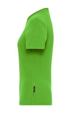 A green ladies' t-shirt with a fitted design, featuring a side view and a logo tag.