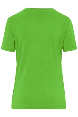 A green ladies' t-shirt with short sleeves, featuring a smooth fabric and a simple design. It has a logo on the back.