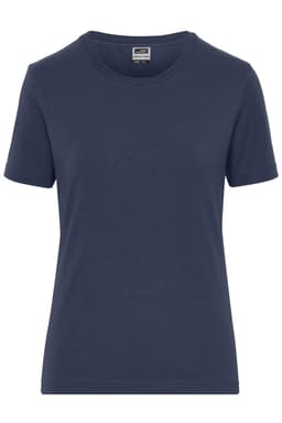 A navy blue women's t-shirt with a crew neck and short sleeves, featuring a logo on the label.