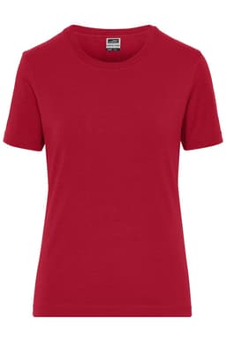 A red short-sleeve t-shirt for women, featuring a classic crew neck design and a logo on the label.