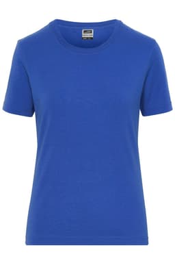 A blue ladies' T-shirt with short sleeves and a round neck. It features a logo on the label.