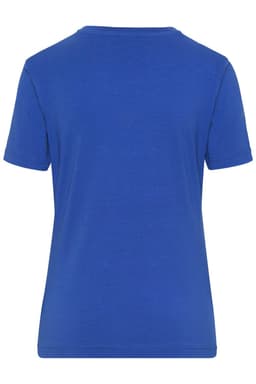 A blue ladies' T-shirt with a plain back design and short sleeves, featuring a logo.