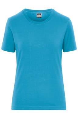 A blue short-sleeved women's t-shirt with a round neckline and a label inside. It features a logo.