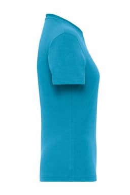 A turquoise work T-shirt with a soft fabric and fitted design, featuring a logo on the side.