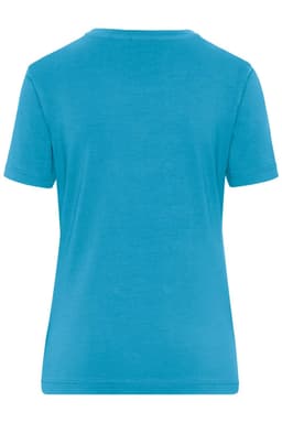 A turquoise ladies' t-shirt with short sleeves and a round neckline, featuring a logo on the back.