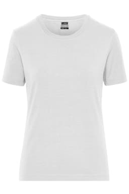 A light grey ladies' T-shirt with short sleeves, featuring a logo on the label.