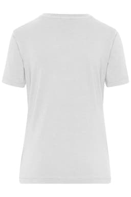 A light grey women's T-shirt featuring a classic design and short sleeves, with a logo on the back.