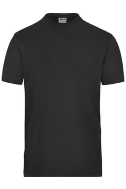 A black short-sleeve t-shirt with a round neckline and a logo on the label.