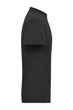 A black men's t-shirt displayed from the side, featuring a smooth design and a logo.