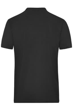 A black short-sleeved T-shirt with a plain back and a logo on the neck area. Suitable as workwear.
