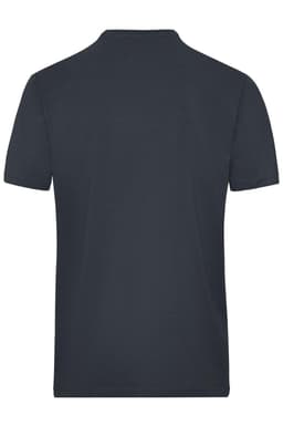 A dark grey men's T-shirt with a simple design, featuring short sleeves and a collar, with a logo on the back.