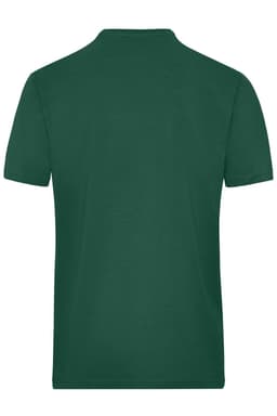 A green men's T-shirt featuring a smooth fabric and a collar, with a logo on the back.