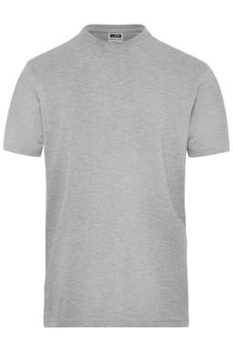 A grey short-sleeved T-shirt with a round neckline and a logo on the label.