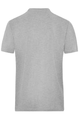 A grey men's T-shirt with a simple design, featuring a back view and a branding logo.