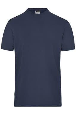 A navy blue men's T-shirt made from BIO stretch fabric, featuring a logo on the neckline.