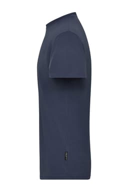 A navy blue men's T-shirt with short sleeves and a fitted design. It features a subtle logo on the side.