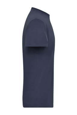 A navy blue men's T-shirt with a crew neckline and short sleeves, featuring a simple design and a logo.