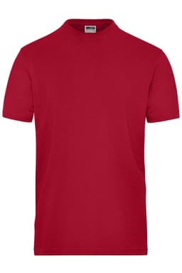 A red men's t-shirt with a round neckline and short sleeves, featuring a logo. Ideal for workwear.
