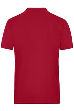 A red short-sleeved work t-shirt with a simple design and a logo on it.