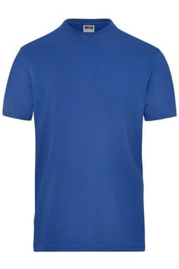 A blue men's stretch T-shirt with a round neck and short sleeves, featuring a logo on the label.