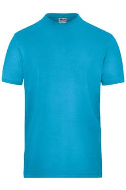 A bright blue men's stretch T-shirt with a crew neckline and short sleeves, featuring a logo on the label.