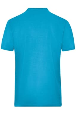 A bright turquoise men's t-shirt with a classic crew neck and short sleeves, featuring a logo on the back.