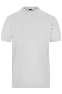 A plain grey short-sleeved T-shirt with a round neck and a logo on the upper tag area.