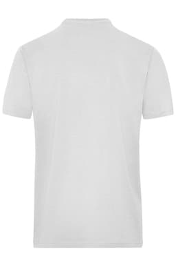 A white short-sleeve work t-shirt with a plain back and a logo on the neck area.
