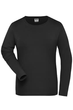 A black long-sleeve shirt with a round neckline and one visible arm. It features a logo on the label.