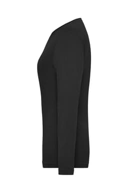 A black long-sleeve women's t-shirt with a fitted silhouette and a logo on the side.