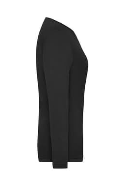 A black long-sleeve women's t-shirt featuring a slim fit and a branding logo on the fabric.