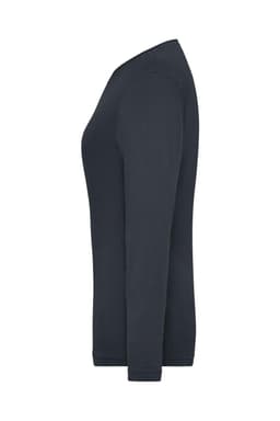 A black long-sleeve women's T-shirt with a fitted style and a classic crew neck. It features a logo.