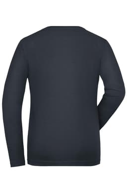 A dark grey long-sleeve T-shirt with a plain back and fitted design. It features a branding logo.
