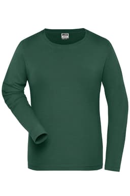 A long-sleeve t-shirt in a rich green colour, featuring a round neckline and a simple design with a logo.