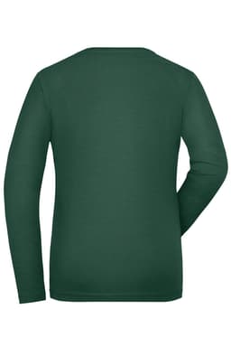A long-sleeve, dark green ladies' t-shirt with a simple design and a smooth fabric finish. It has a logo on the back.