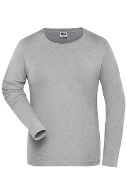 A grey long-sleeve women's T-shirt with a round neckline and a logo on the inside tag.