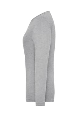 A grey long-sleeve shirt made from bio stretch fabric, featuring a fitted silhouette and a logo.