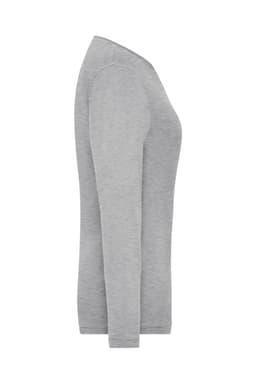 A light grey long-sleeve t-shirt with a fitted silhouette and a logo featured.