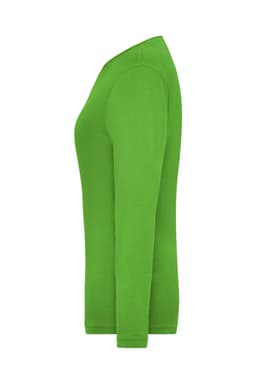 A green long-sleeve t-shirt displayed in profile view, featuring a logo on the fabric.