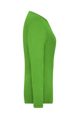 A green long-sleeve women's t-shirt with a fitted design and branding on the side.