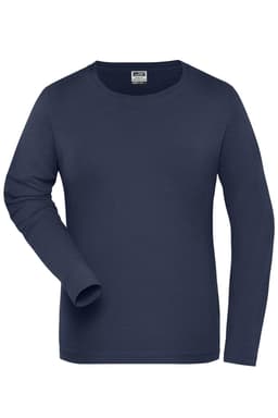 A navy blue long-sleeved women's T-shirt with a round neckline and one visible arm. It features a logo on the label.