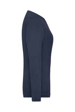 A navy long-sleeve shirt with a fitted design and round neckline. Features a logo on the side.