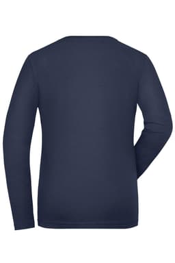 A navy long-sleeved t-shirt for ladies, featuring a simple design and a logo on the back.