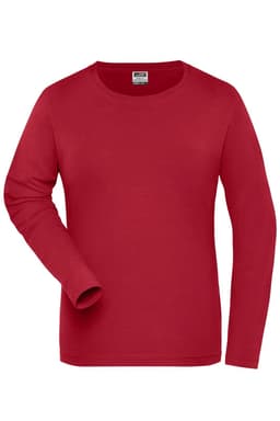 A red long-sleeved shirt with a round neck and a logo on the label.