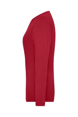 A red long-sleeved women's t-shirt with a fitted design and a subtle logo.