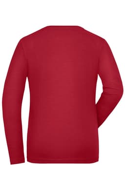 A red long-sleeved t-shirt with a plain back and a fitted style. The shirt features a logo on the neckline.